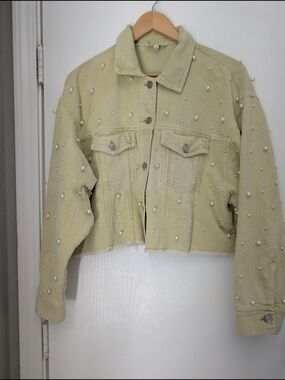 Peach Love California Pearl-Embellished Cropped Corduroy Jacket - Light Green